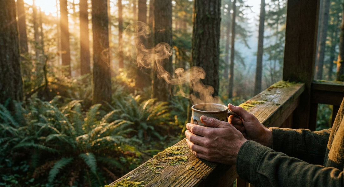 Steaming coffee mug held on a wooden porch railing at sunrise with a misty Pacific Northwest forest glowing in the background.