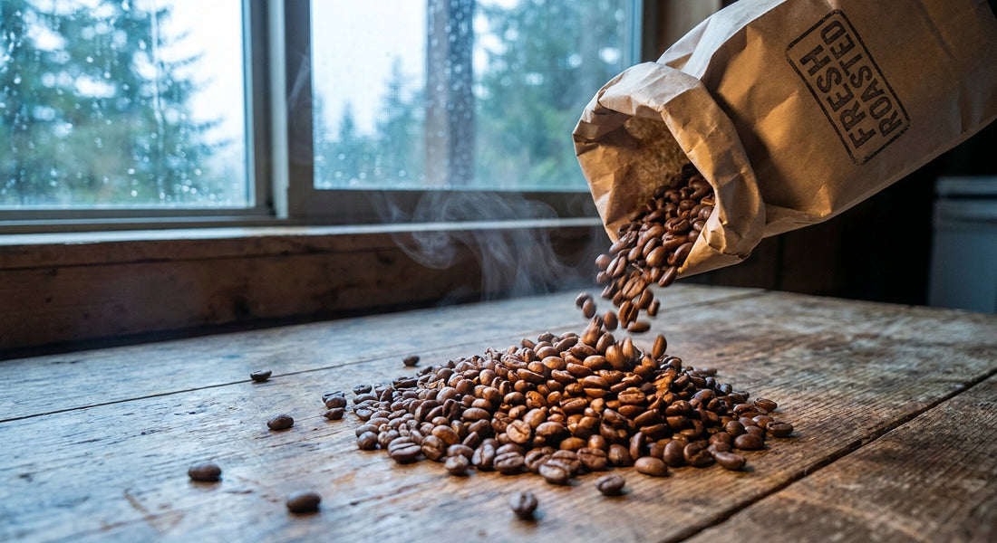 Freshly roasted whole coffee beans spilling from a kraft paper bag onto a weathered wooden surface in soft, cool Pacific Northwest light.