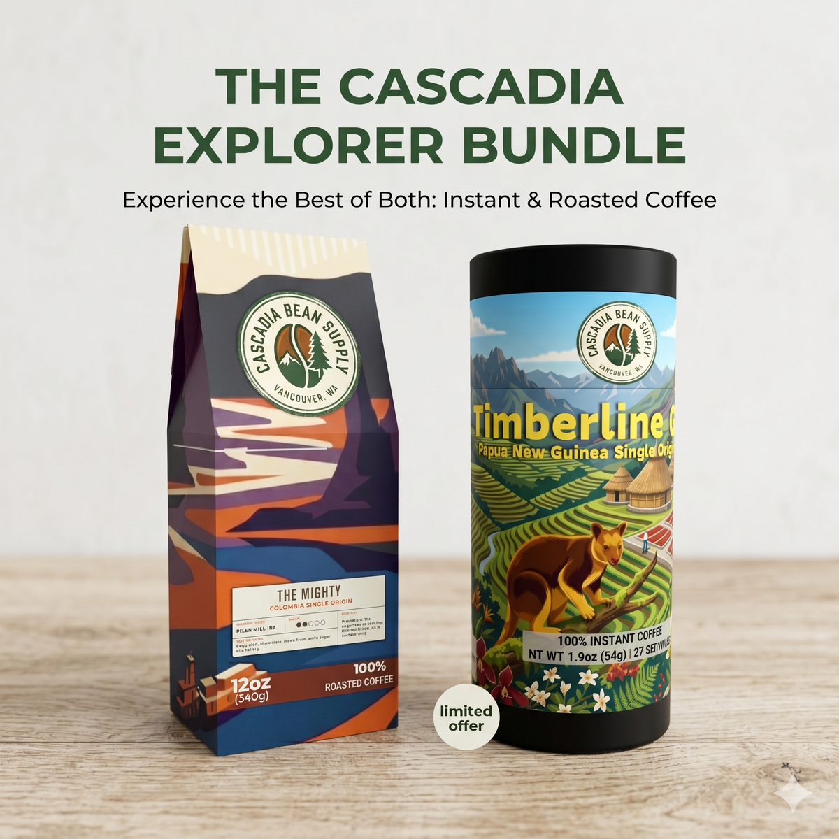 Cascadia Explorer Bundle — The Mighty coffee bag and Timberline Gold instant coffee canister